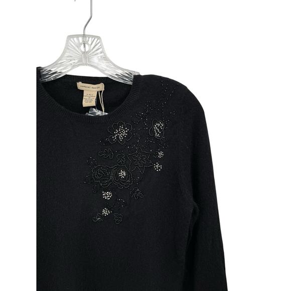 NWT Vertical Design Cashmere Sweater Beaded 2 Ply Black Size Medium - Picture 2 of 6